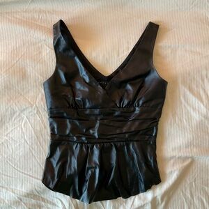 Parallel Black Genuine Leather V-neck Peplum Top
